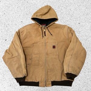 Vintage Tough Duck Bomber Jacket Quilted Lined Tan Canvas Distressed XL Tall